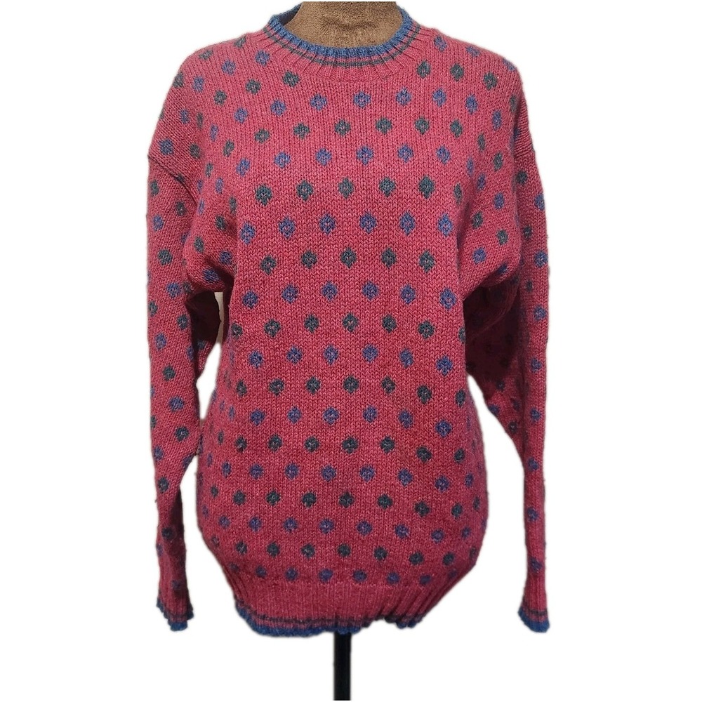 Vintage‎ American Eagle Sweater Wool Blend Unisex Red Blue Green USA Made Size S